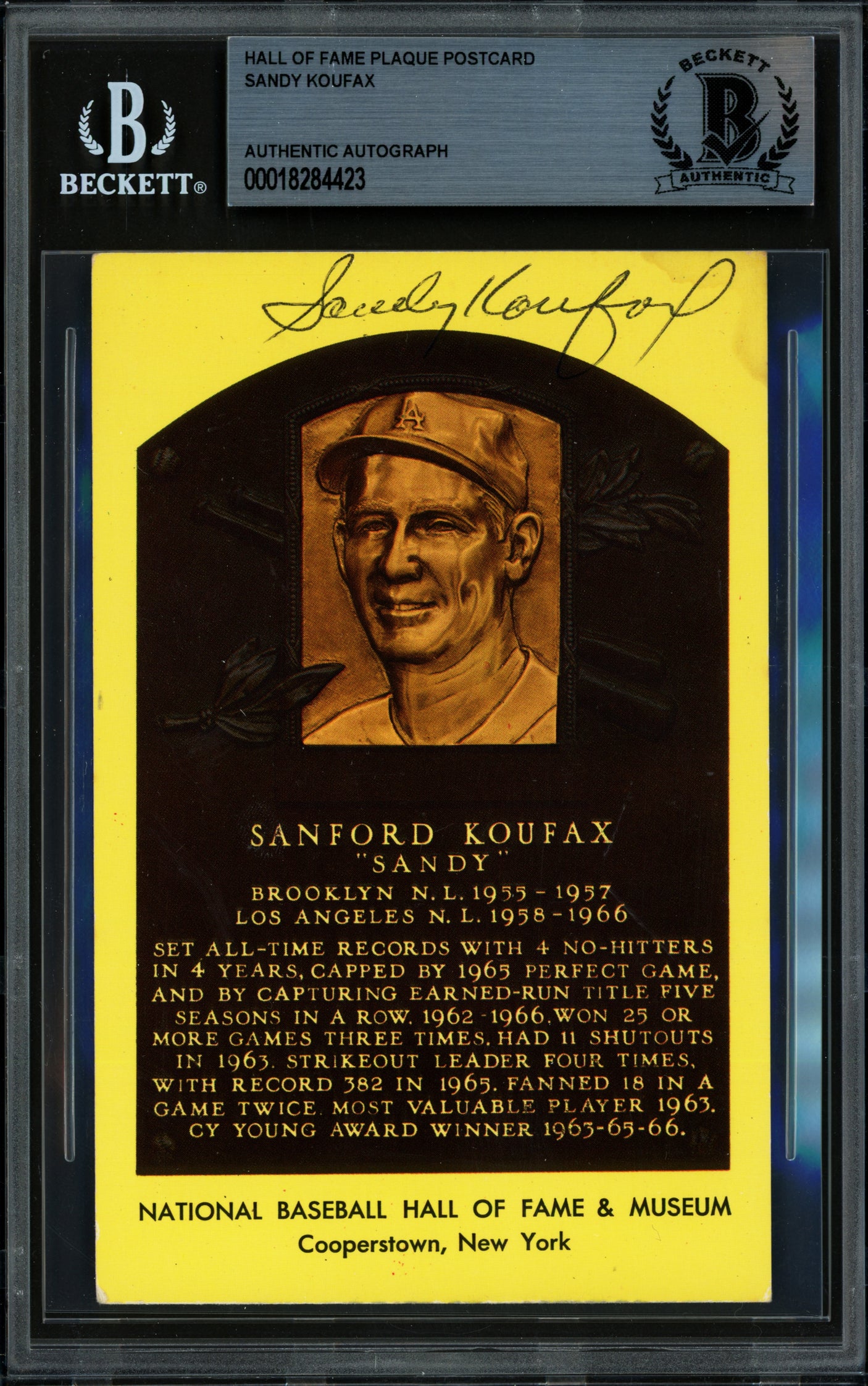 Sandy Koufax Autographed Hall of Fame HOF Plaque Postcard Los Angeles Dodgers Beckett BAS #18284423