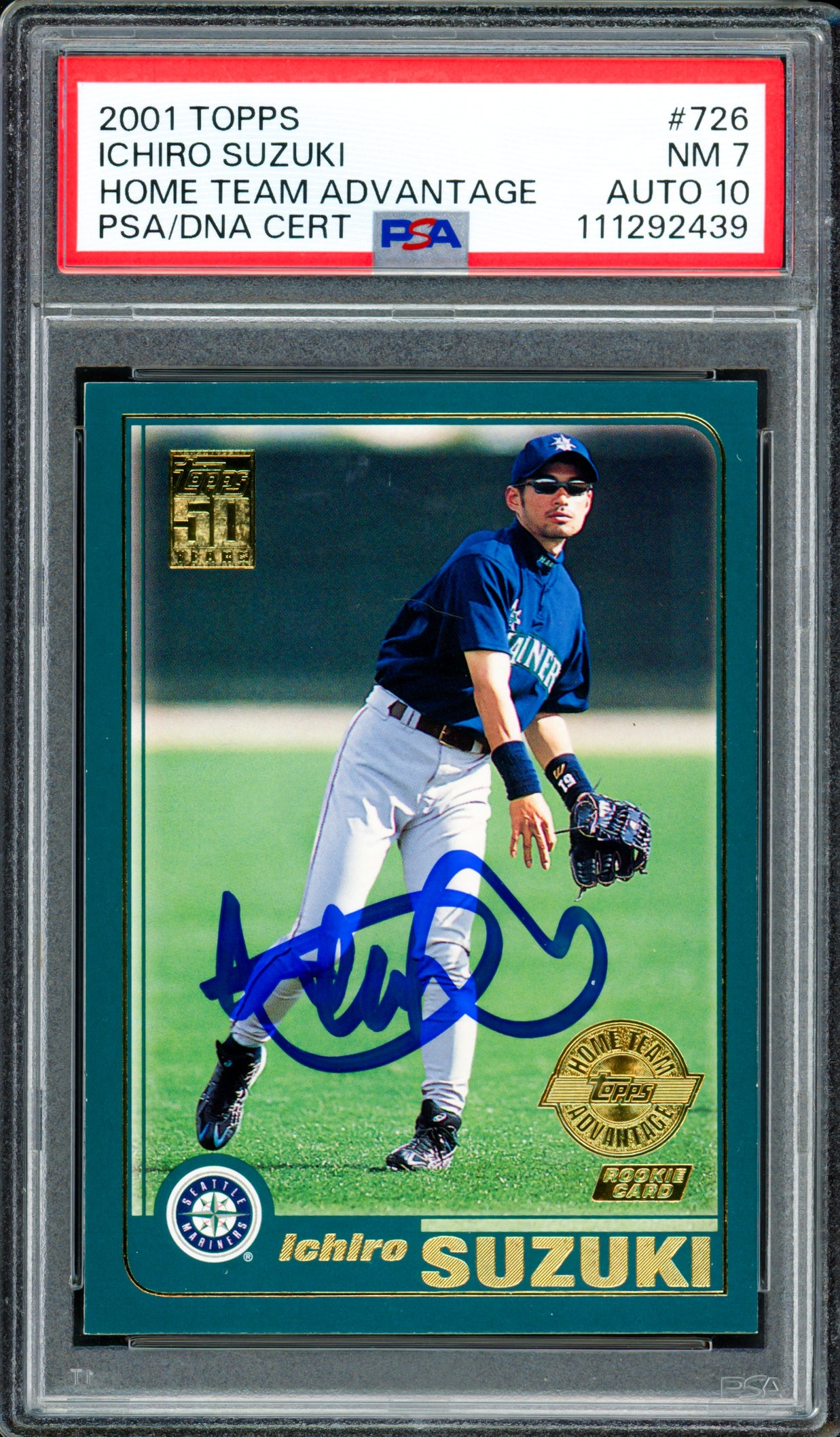 Ichiro Suzuki Autographed 2001 Topps Home Team Advantage Rookie Card #726 Seattle Mariners PSA 7 Auto Grade Gem Mint 10 PSA/DNA #111292439