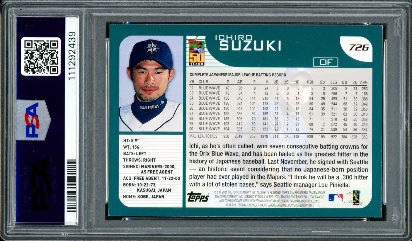 Ichiro Suzuki Autographed 2001 Topps Home Team Advantage Rookie Card #726 Seattle Mariners PSA 7 Auto Grade Gem Mint 10 PSA/DNA #111292439