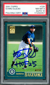 Ichiro Suzuki Autographed 2001 Topps Rookie Card #726 Seattle Mariners PSA 8 Auto Grade Gem Mint 10 "HOF 25" PSA/DNA #111292457