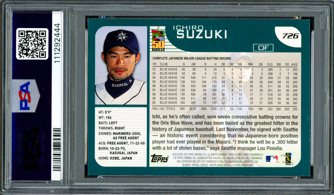 Ichiro Suzuki Autographed 2001 Topps Rookie Card #726 Seattle Mariners PSA 7 Auto Grade Gem Mint 10 "HOF 25" PSA/DNA #111292444