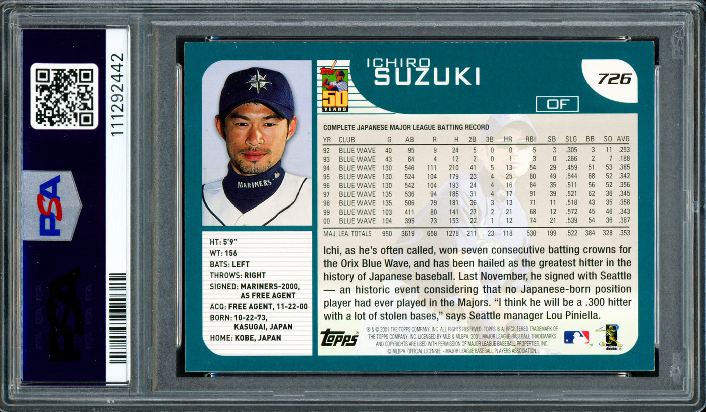 Ichiro Suzuki Autographed 2001 Topps Rookie Card #726 Seattle Mariners PSA 7 Auto Grade Gem Mint 10 "HOF 25" PSA/DNA #111292442