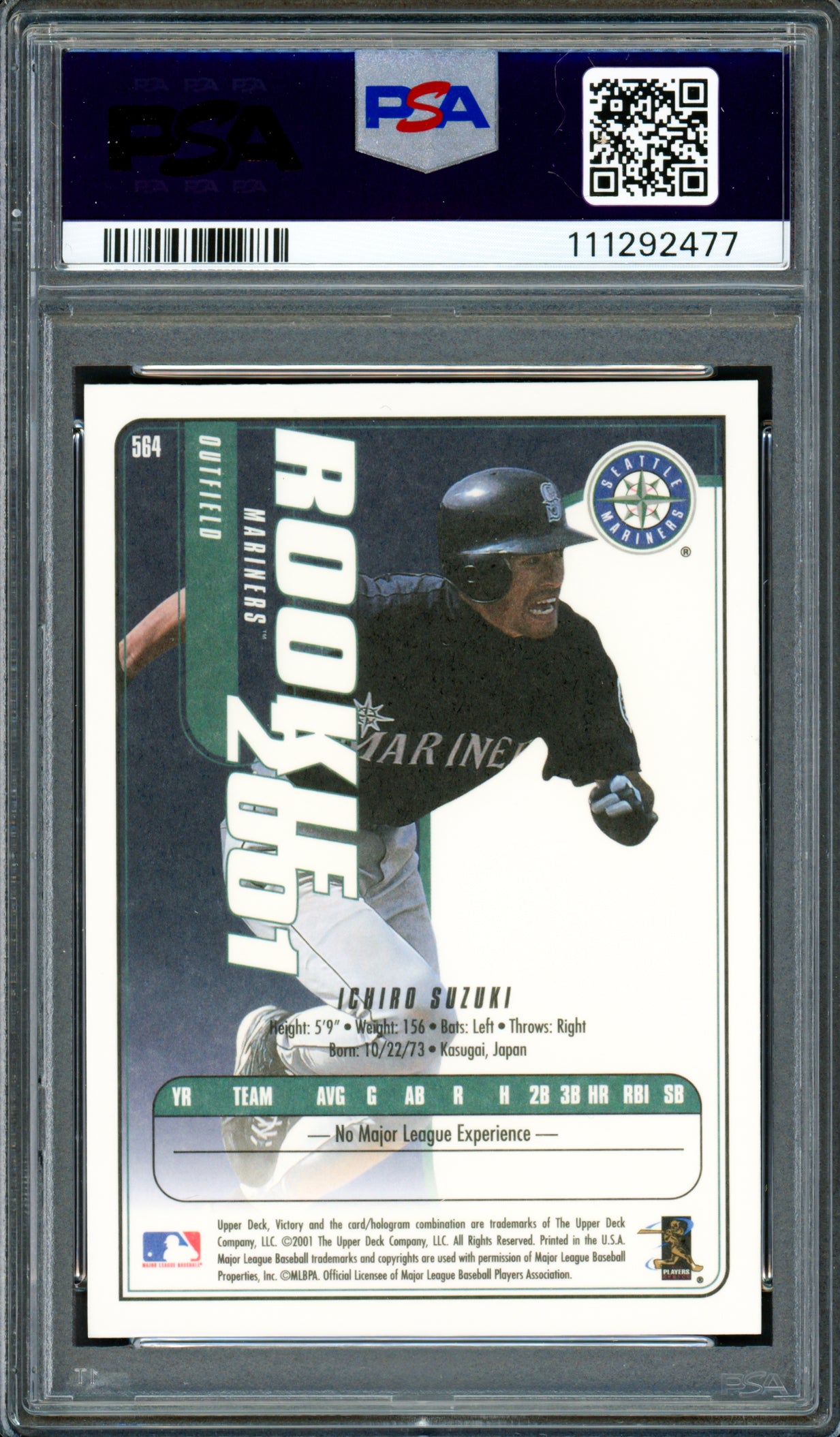 Ichiro Suzuki Autographed 2001 Upper Deck Victory Rookie Card #564 Seattle Mariners PSA 10 Auto Grade Gem Mint 10 PSA/DNA #111292477