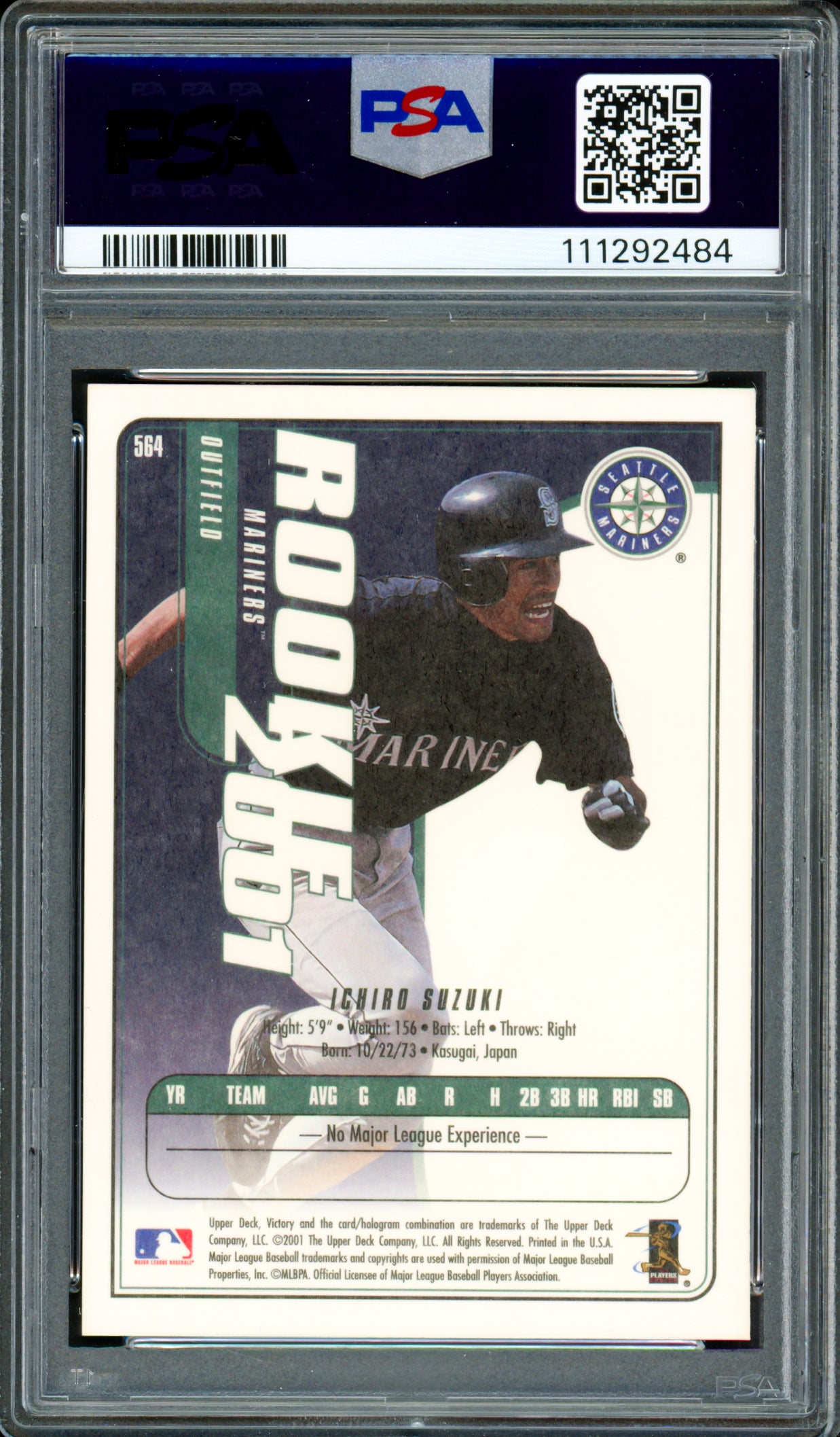 Ichiro Suzuki Autographed 2001 Upper Deck Victory Rookie Card #564 Seattle Mariners PSA 9 Auto Grade Gem Mint 10 PSA/DNA #111292484