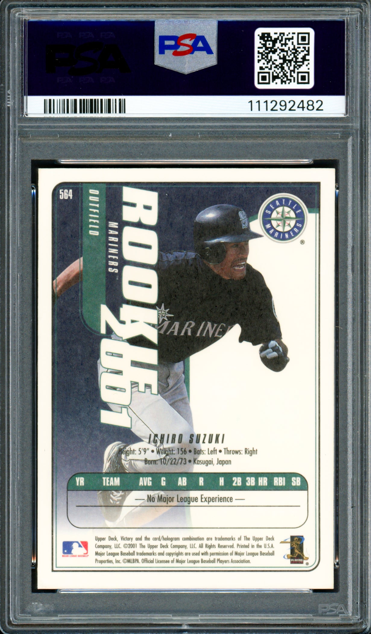 Ichiro Suzuki Autographed 2001 Upper Deck Victory Rookie Card #564 Seattle Mariners PSA 9 Auto Grade Gem Mint 10 PSA/DNA #111292482