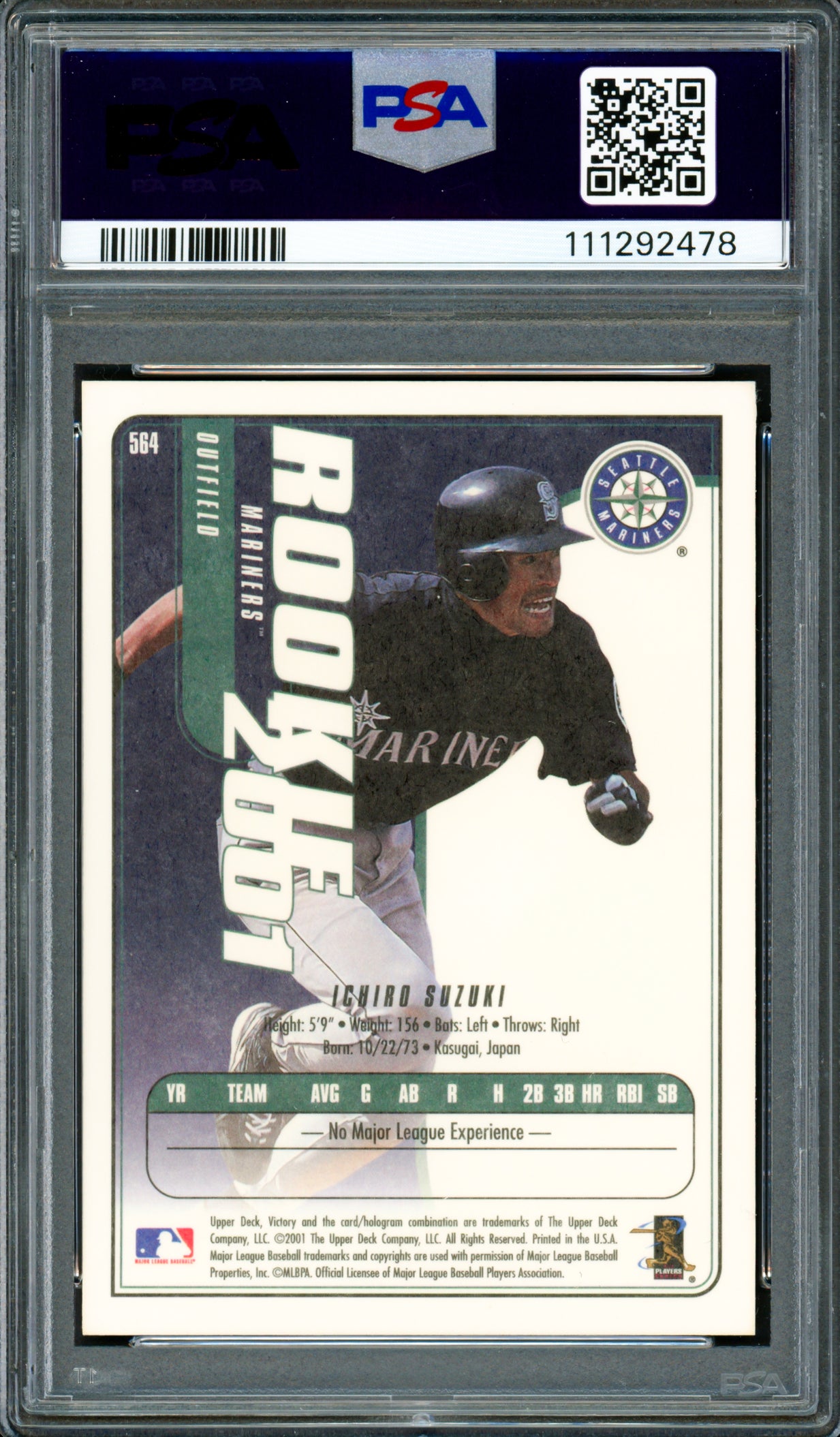 Ichiro Suzuki Autographed 2001 Upper Deck Victory Rookie Card #564 Seattle Mariners PSA 8 Auto Grade Gem Mint 10 PSA/DNA #111292478
