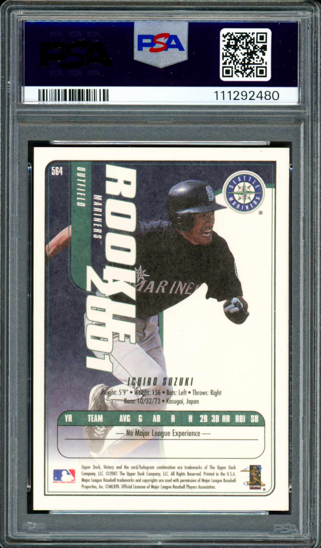 Ichiro Suzuki Autographed 2001 Upper Deck Victory Rookie Card #564 Seattle Mariners PSA 7 Auto Grade Gem Mint 10 PSA/DNA #111292480