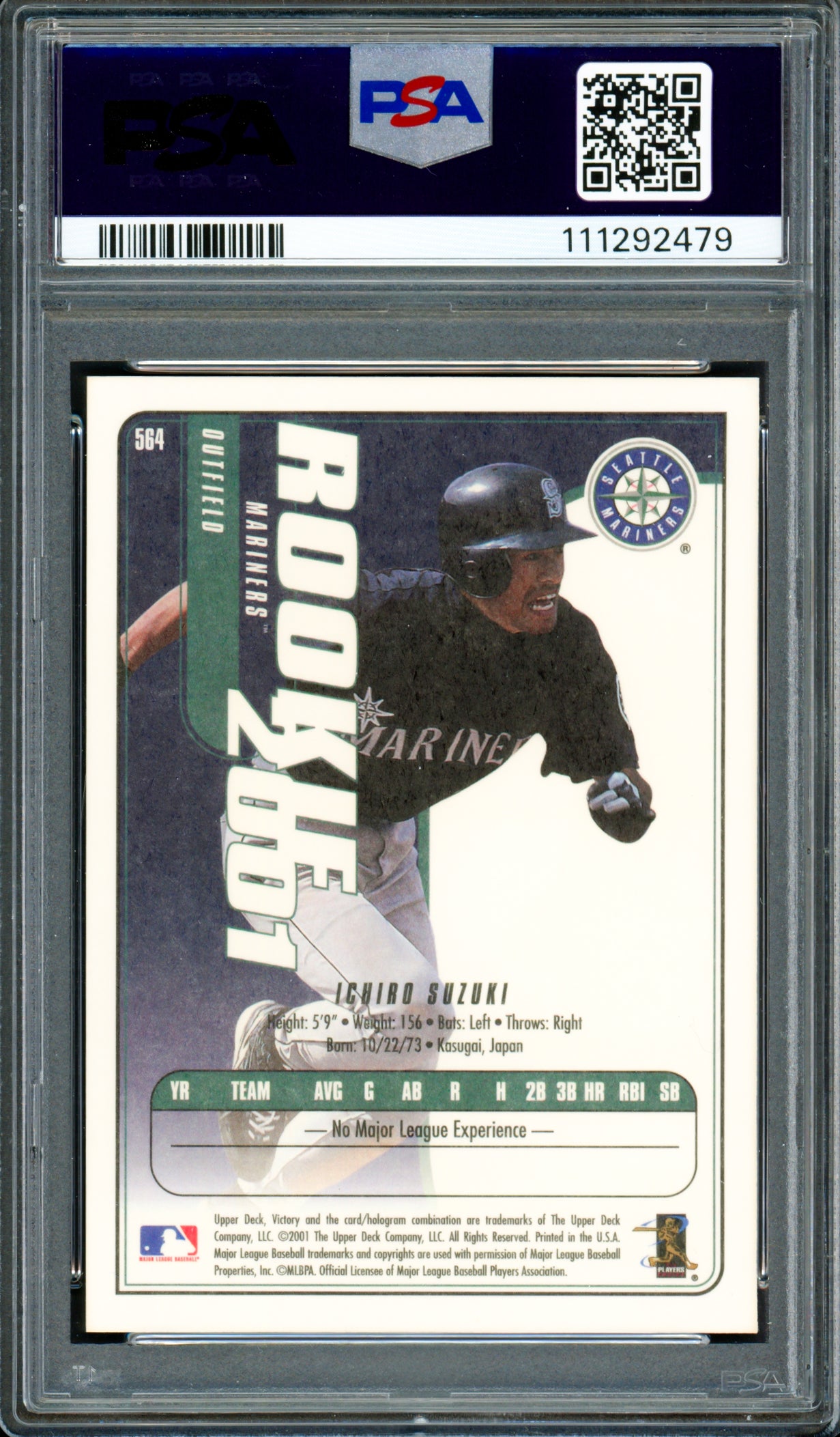 Ichiro Suzuki Autographed 2001 Upper Deck Victory Rookie Card #564 Seattle Mariners PSA 6 Auto Grade Gem Mint 10 PSA/DNA #111292479