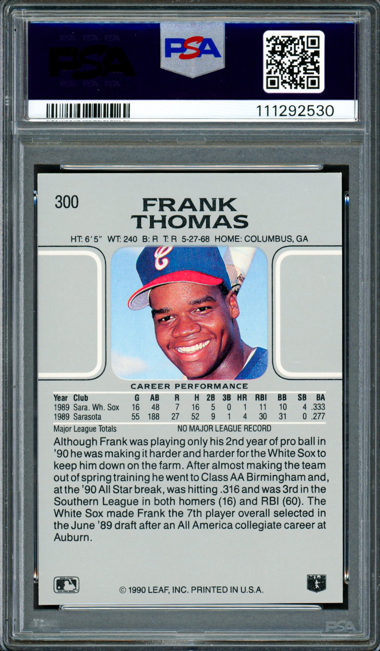 Frank Thomas Autographed 1990 Leaf Rookie Card #300 Chicago White Sox Auto Grade Gem Mint 10 PSA/DNA #111292530