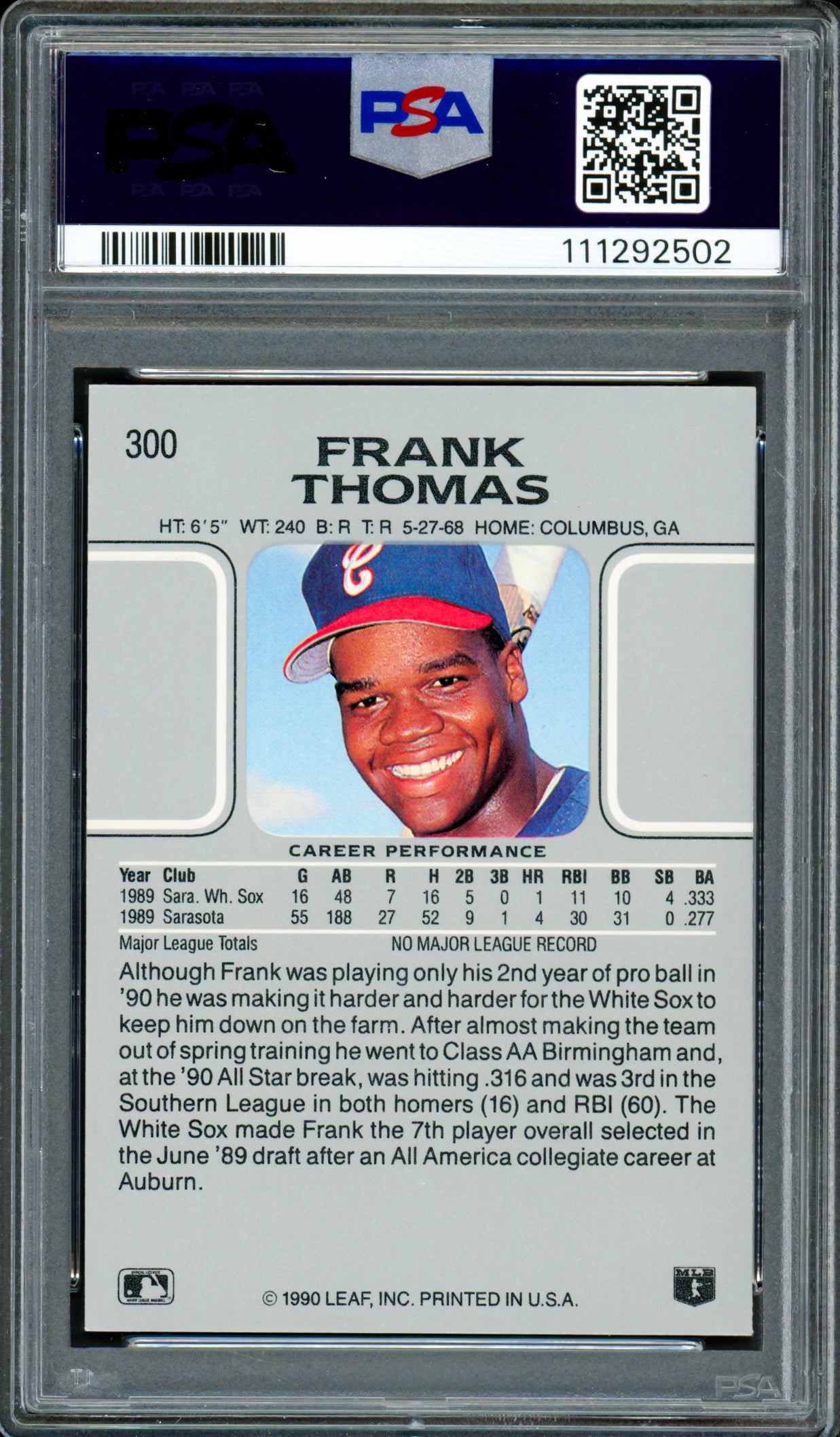 Frank Thomas Autographed 1990 Leaf Rookie Card #300 Chicago White Sox Auto Grade Gem Mint 10 PSA/DNA #111292502