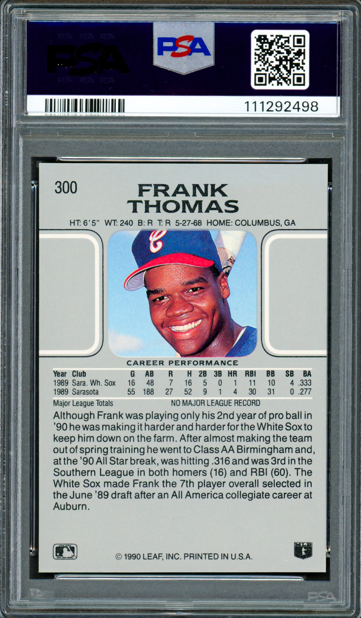 Frank Thomas Autographed 1990 Leaf Rookie Card #300 Chicago White Sox Auto Grade Gem Mint 10 PSA/DNA #111292498