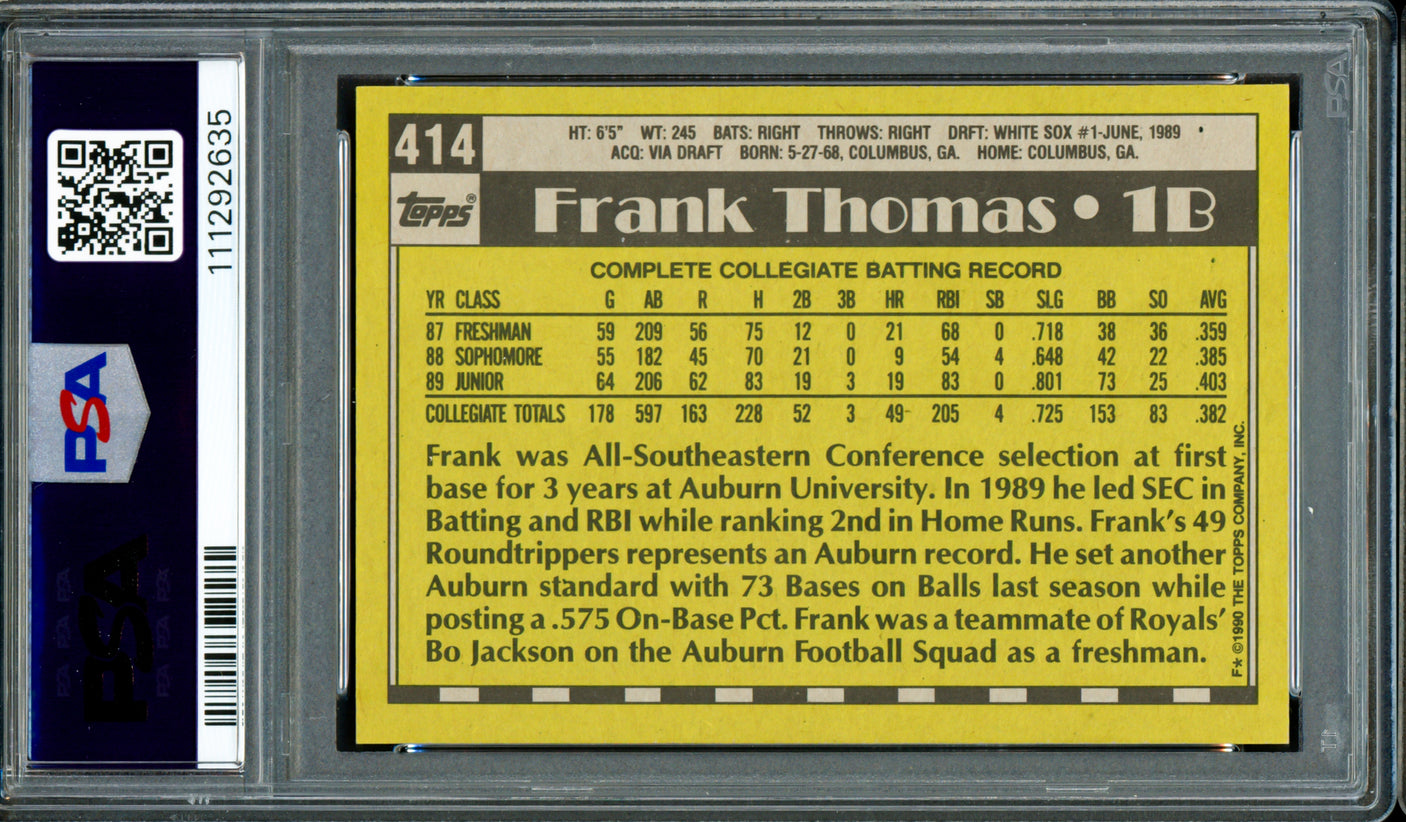 Frank Thomas Autographed 1990 Topps Rookie Card #414 Chicago White Sox PSA 10 Auto Grade Gem Mint 10 PSA/DNA #111292635
