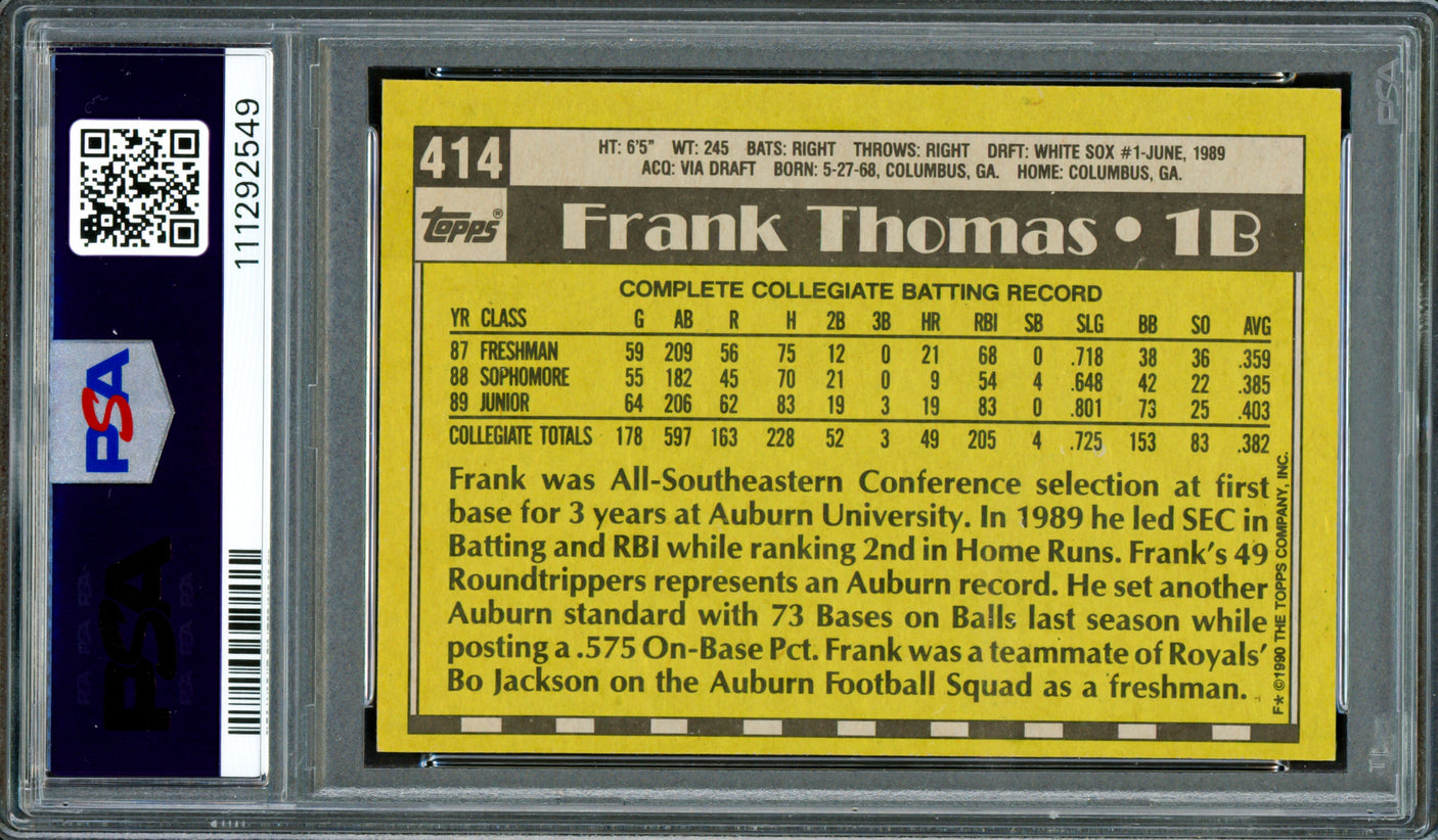 Frank Thomas Autographed 1990 Topps Rookie Card #414 Chicago White Sox PSA 9 Auto Grade Mint 9 PSA/DNA #111292549