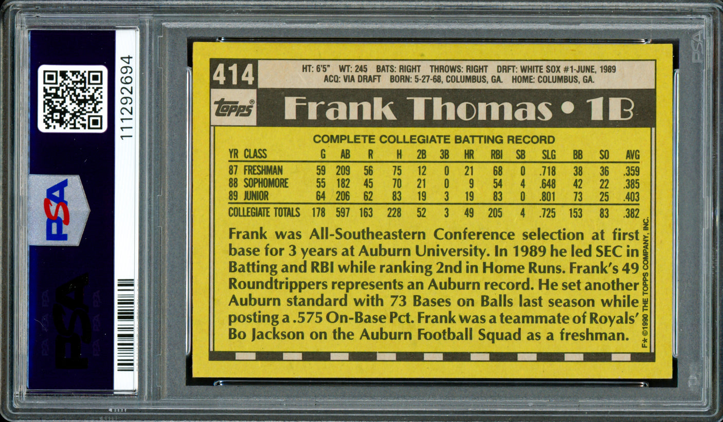 Frank Thomas Autographed 1990 Topps Rookie Card #414 Chicago White Sox PSA 8 Auto Grade Mint 9 PSA/DNA #111292694