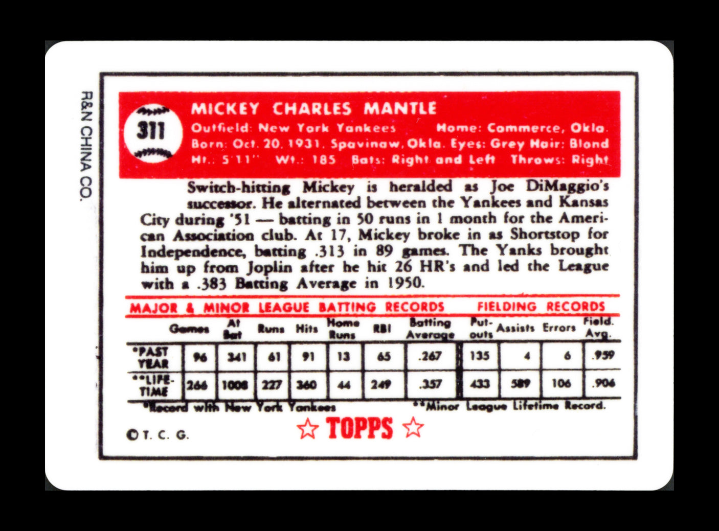Mickey Mantle Autographed 1952 Topps Porcelain Rookie Card New York Yankees Auto Grade Mint 9 PSA/DNA #AR06114