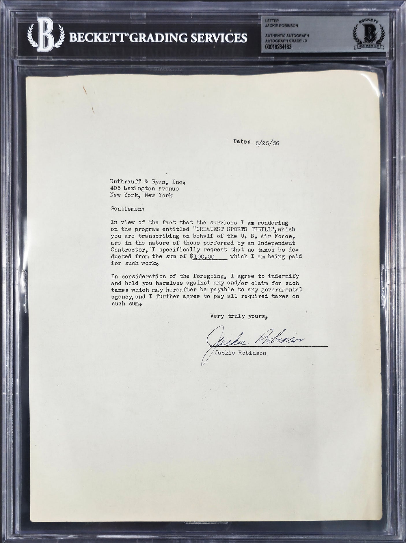 Jackie Robinson Autographed 1956 Greatest Sports Thrill Contract Brooklyn Dodgers Auto Grade Mint 9 Beckett BAS #18284163