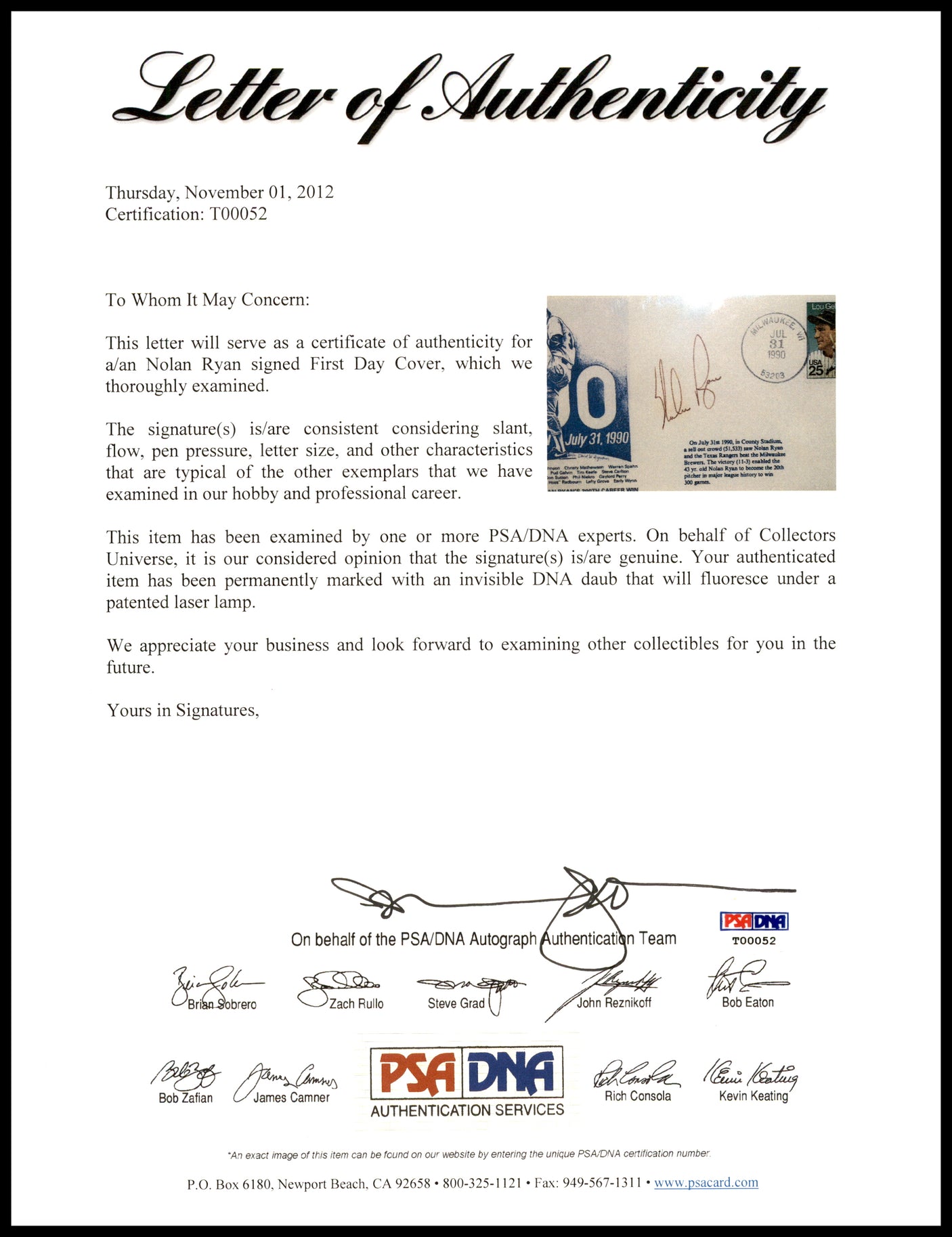 Nolan Ryan Autographed First Day Cover Texas Rangers PSA/DNA #T00052
