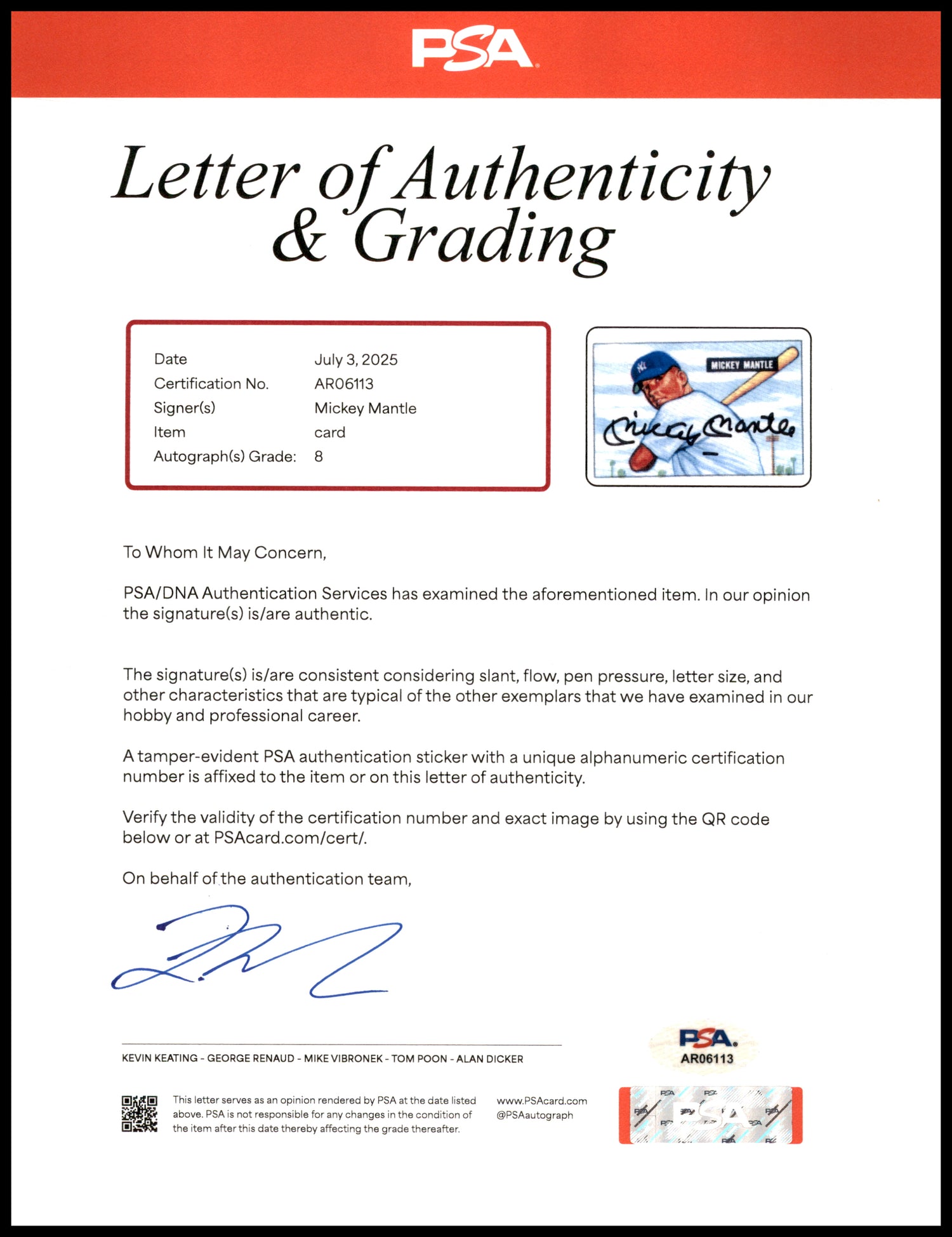 Mickey Mantle Autographed 1951 Bowman Porcelain Rookie Card New York Yankees Auto Grade Near Mint/Mint 8 PSA/DNA #AR06113