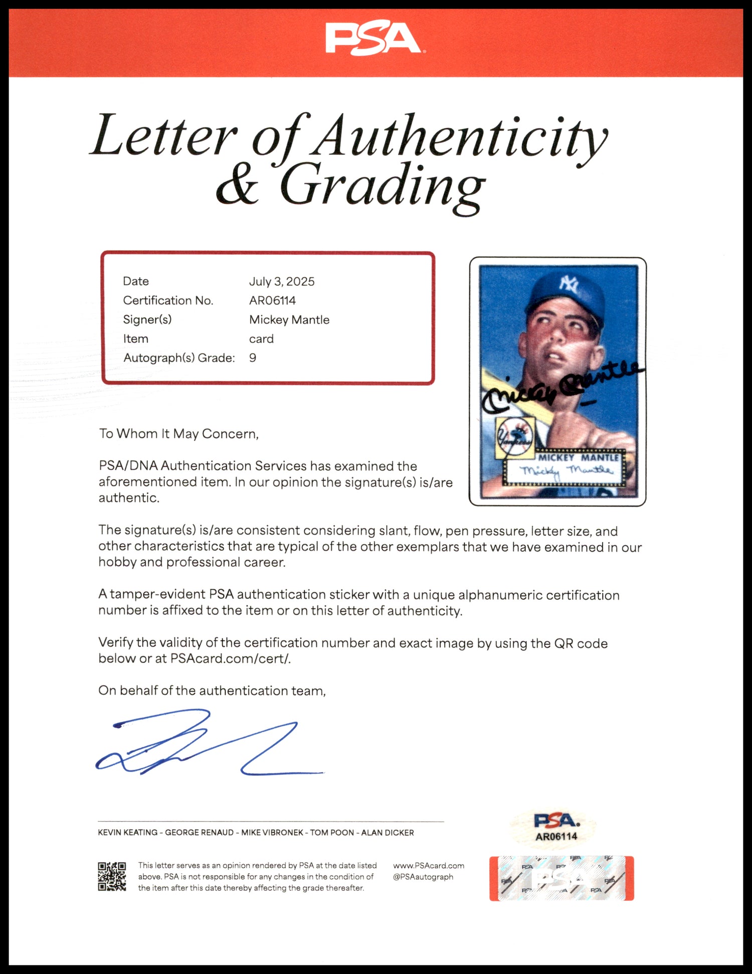 Mickey Mantle Autographed 1952 Topps Porcelain Rookie Card New York Yankees Auto Grade Mint 9 PSA/DNA #AR06114