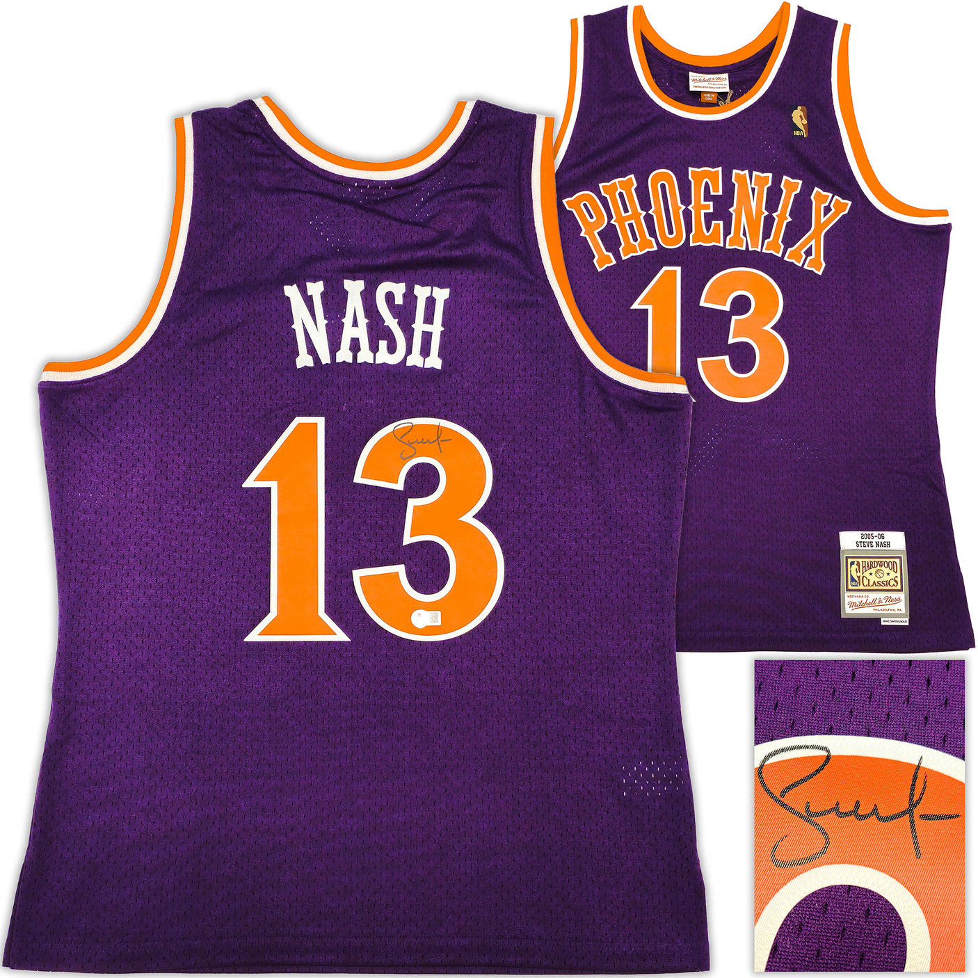 Phoenix Suns Steve Nash Autographed Purple Authentic Mitchell & Ness 2005-06 Hardwood Classic Swingman Jersey Size L Beckett BAS Witness Stock #233679