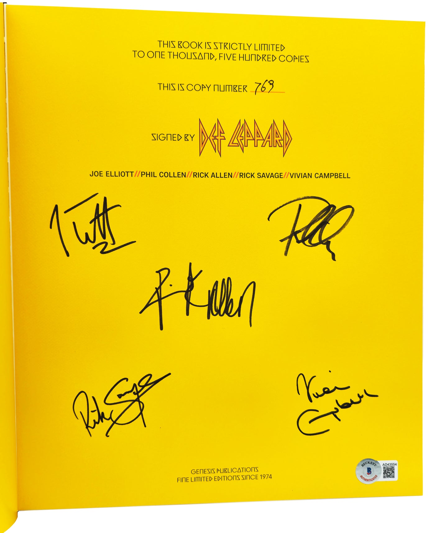 Def Leppard Autographed 'Definitely Genesis Publications' Book #/1500 Signed By All 5 Members Beckett BAS QR Stock #230668