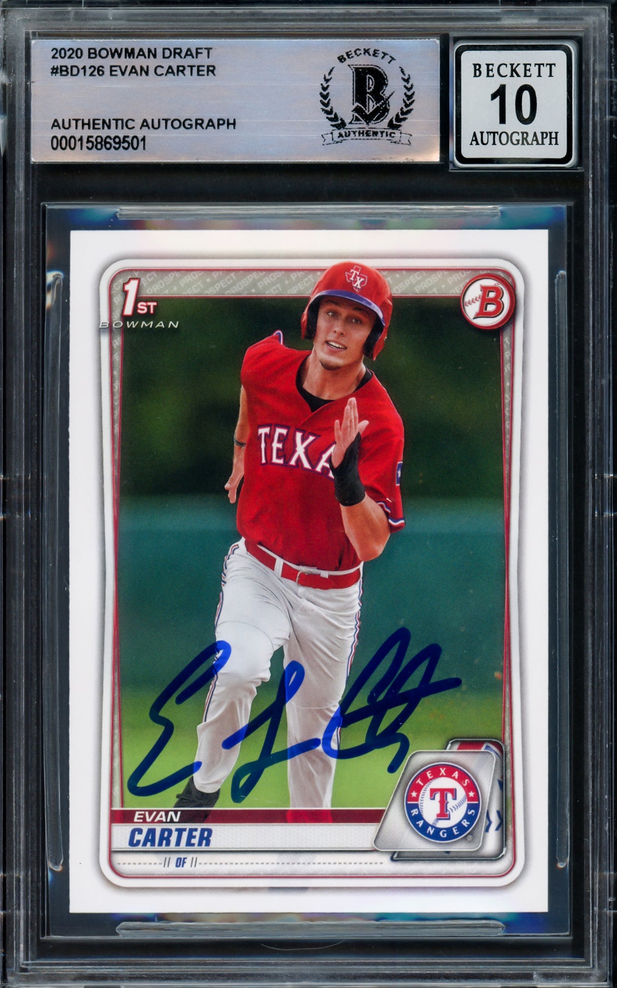 Evan Carter Autographed 2020 Bowman Draft Rookie Card #BD-126 Texas Rangers Auto Grade Gem Mint 10 Full Name Beckett BAS Stock #218640