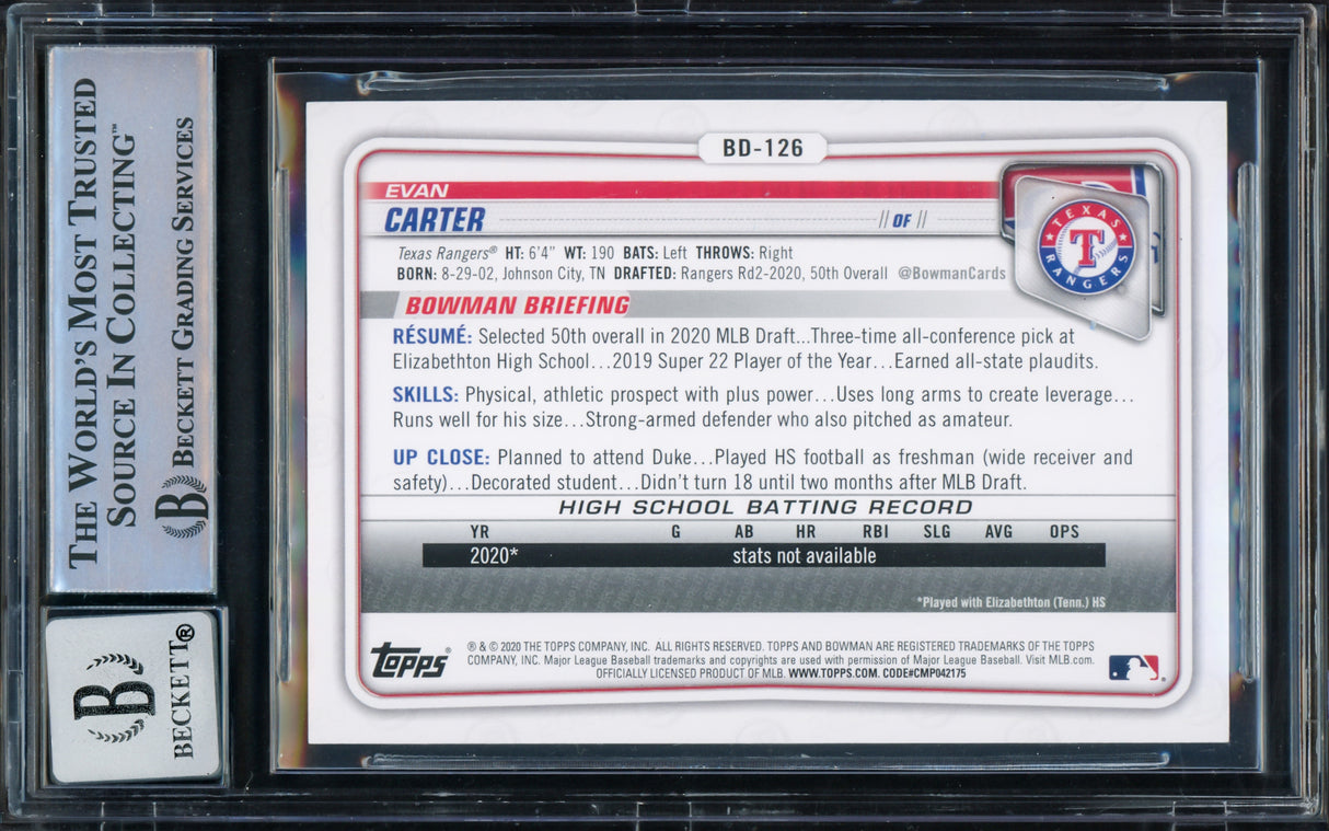 Evan Carter Autographed 2020 Bowman Draft Rookie Card #BD-126 Texas Rangers Auto Grade Gem Mint 10 Full Name Beckett BAS Stock #218640