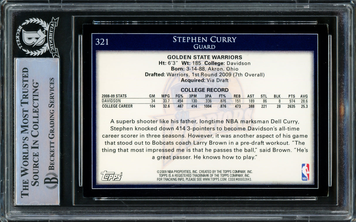 Stephen Curry Autographed 2009 Topps Rookie Reprint Rookie Card #321 Golden State Warriors Beckett BAS Stock #218644