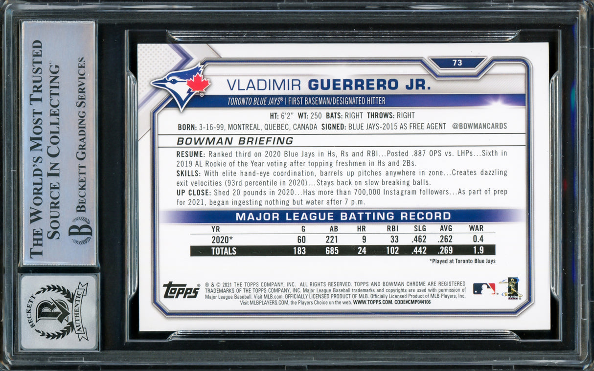Vladimir Guerrero Jr. Autographed 2021 Bowman Card #73 Toronto Blue Jays Auto Grade Gem Mint 10 Beckett BAS Stock #218651