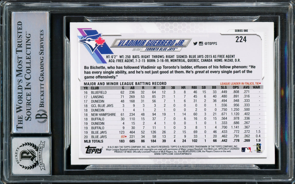 Vladimir Guerrero Jr. Autographed 2021 Topps Card #224 Toronto Blue Jays Auto Grade Gem Mint 10 Beckett BAS Stock #218653