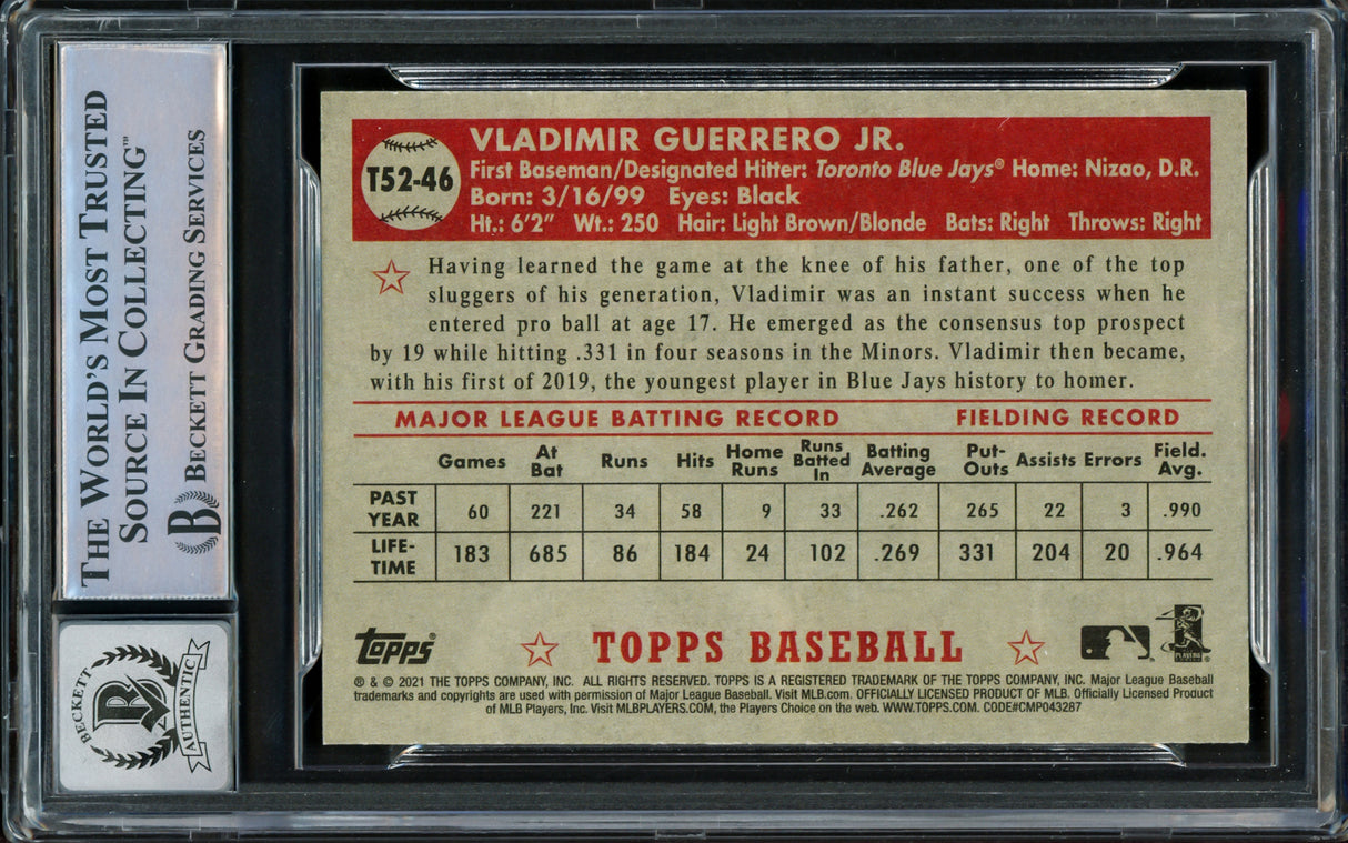 Vladimir Guerrero Jr. Autographed 2021 Topps 1952 Redux Card #T52-46 Toronto Blue Jays Auto Grade Gem Mint 10 Beckett BAS Stock #218654