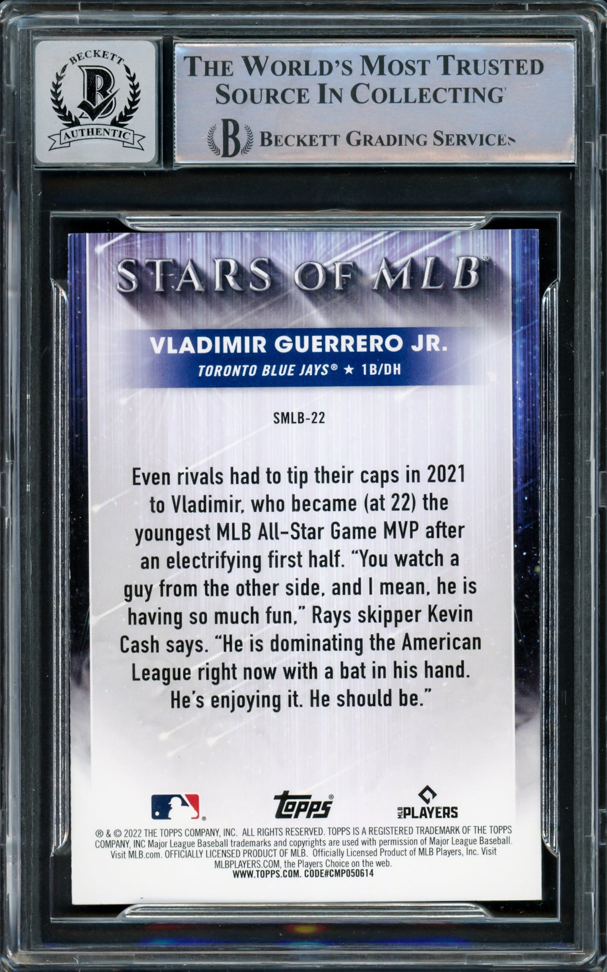 Vladimir Guerrero Jr. Autographed 2022 Topps Stars of MLB Card #SMLB-22 Toronto Blue Jays Auto Grade Gem Mint 10 Beckett BAS Stock #218660