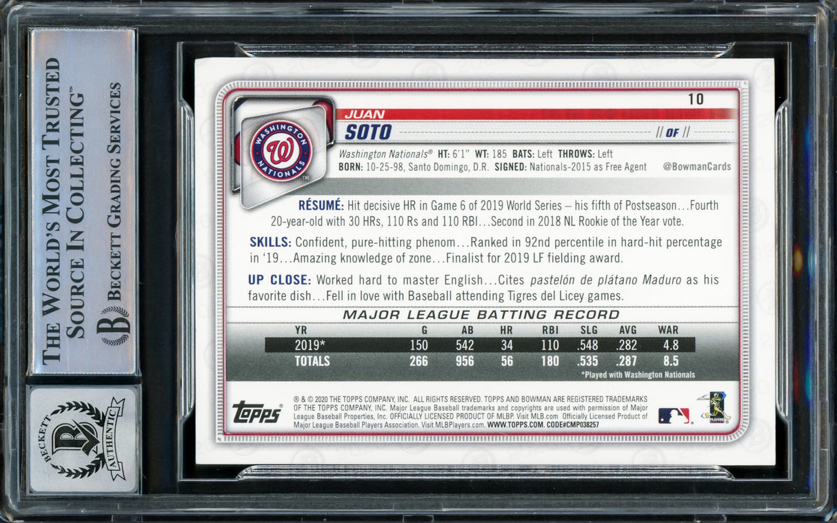 Juan Soto Autographed 2020 Bowman Card #10 New York Mets Auto Grade Gem Mint 10 Beckett BAS Stock #218667