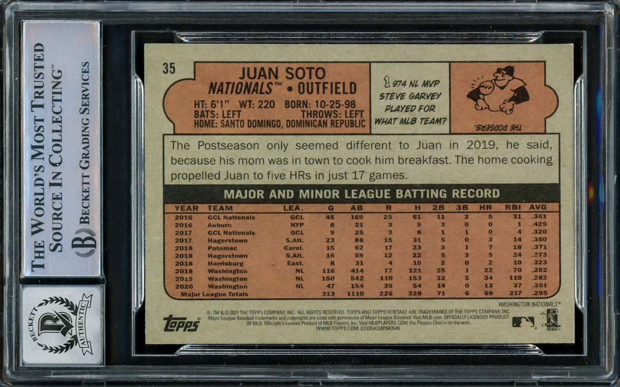 Juan Soto Autographed 2021 Topps Heritage Card #35 New York Mets Auto Grade Gem Mint 10 Beckett BAS Stock #218671