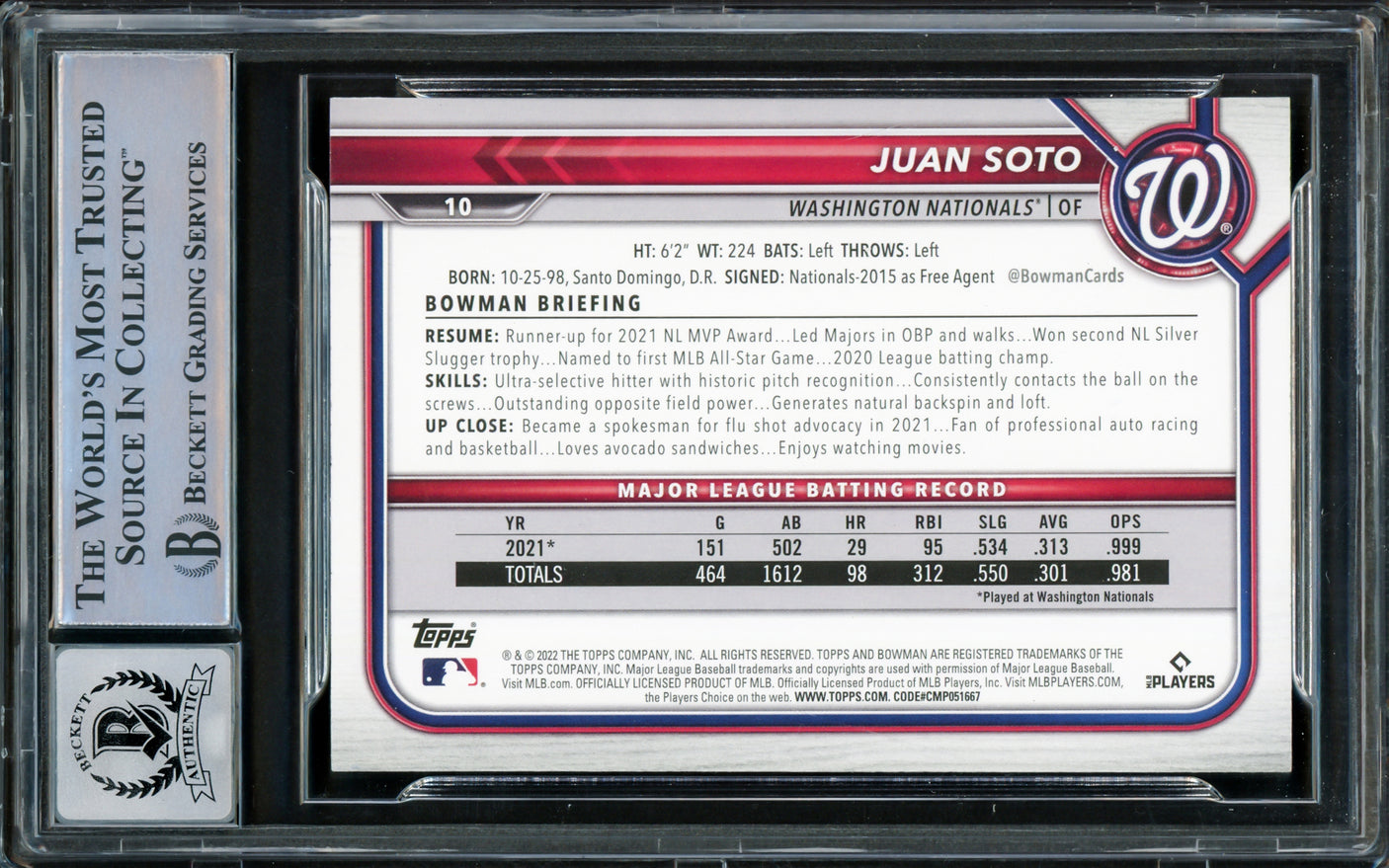 Juan Soto Autographed 2022 Bowman Card #10 New York Yankees Auto Grade Gem Mint 10 Beckett BAS Stock #218673