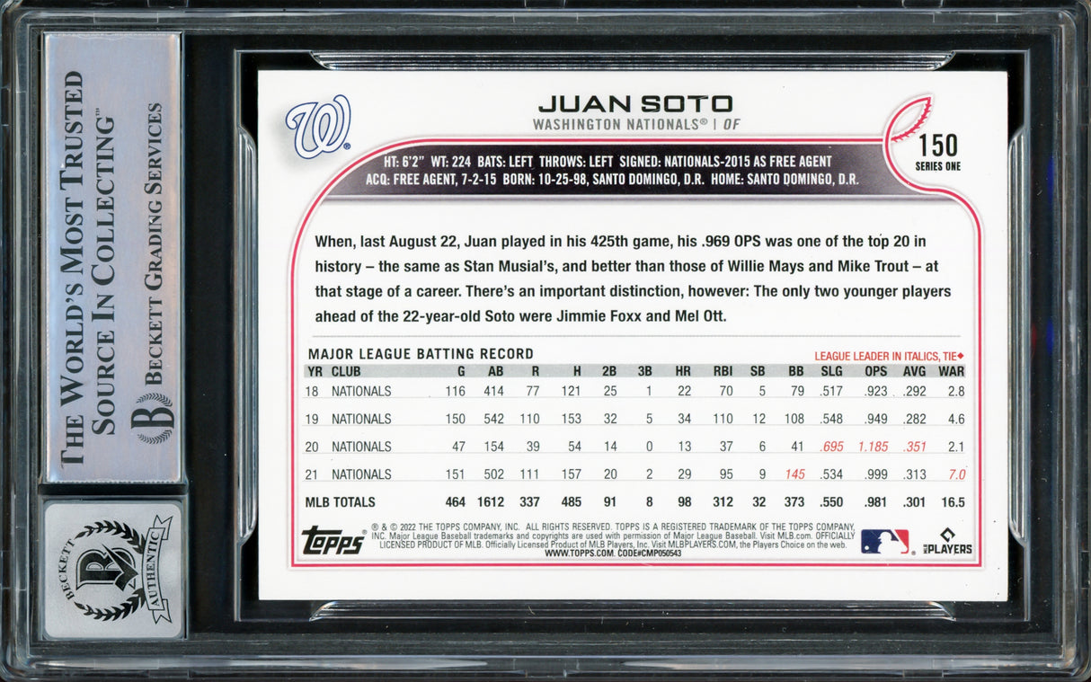Juan Soto Autographed 2022 Topps Card #150 New York Mets Auto Grade Gem Mint 10 Beckett BAS Stock #218674