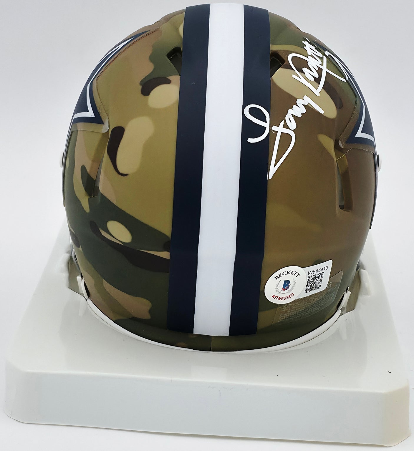 Tony Dorsett Autographed Dallas Cowboys Camo Brown Speed Mini Helmet Beckett BAS Witness #WY84410