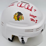 Chris Chelios Autographed Chicago Blackhawks White Speed Mini Helmet "To Jose Best Wishes HOF 2013" Beckett BAS QR #BS30487