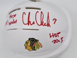 Chris Chelios Autographed Chicago Blackhawks White Speed Mini Helmet "To Jose Best Wishes HOF 2013" Beckett BAS QR #BS30487
