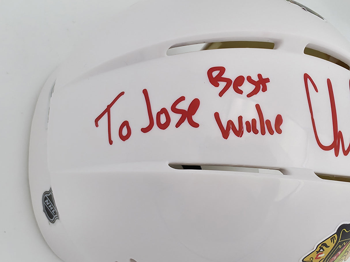 Chris Chelios Autographed Chicago Blackhawks White Speed Mini Helmet "To Jose Best Wishes HOF 2013" Beckett BAS QR #BS30487