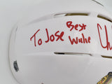 Chris Chelios Autographed Chicago Blackhawks White Speed Mini Helmet "To Jose Best Wishes HOF 2013" Beckett BAS QR #BS30487