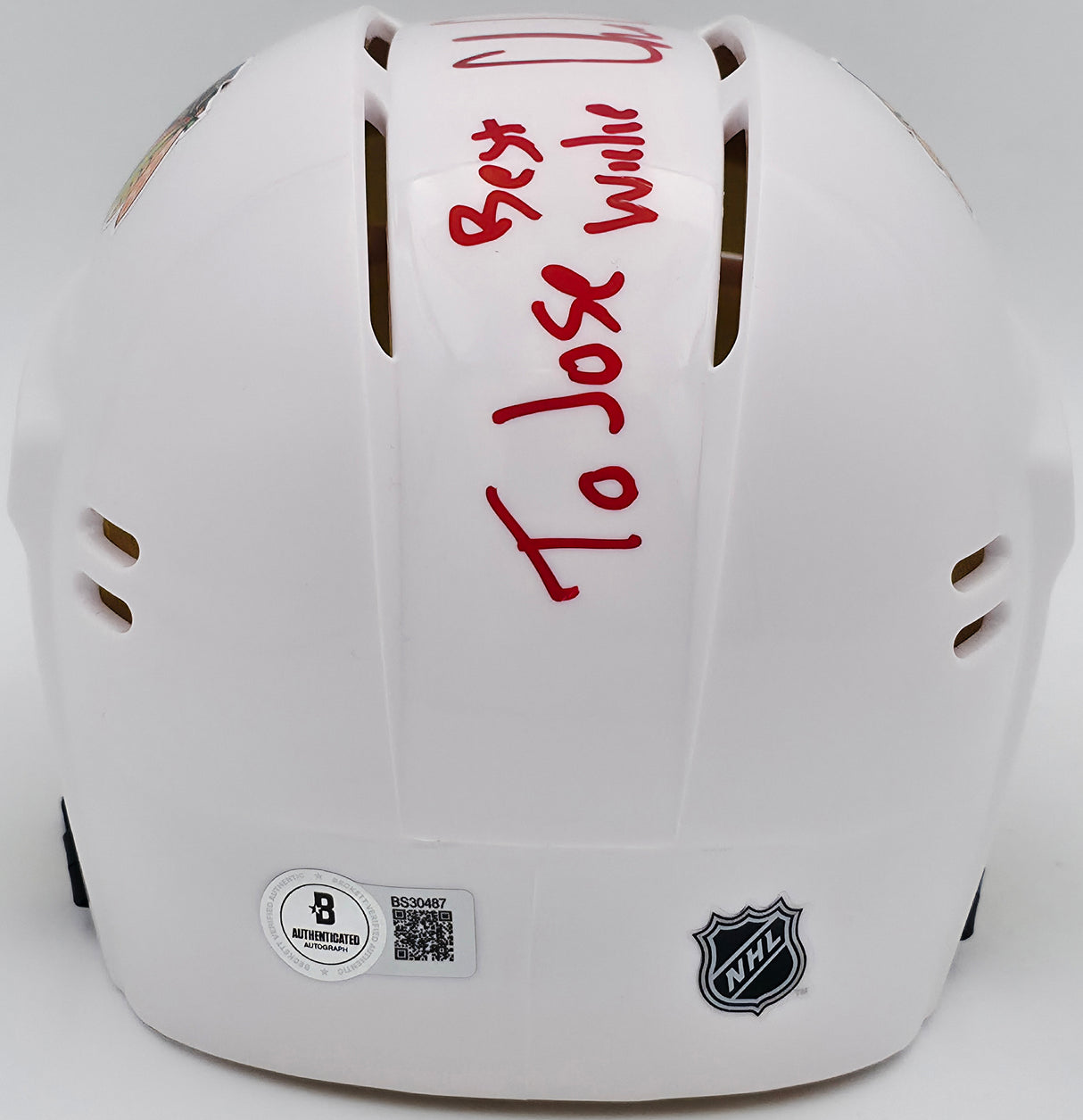 Chris Chelios Autographed Chicago Blackhawks White Speed Mini Helmet "To Jose Best Wishes HOF 2013" Beckett BAS QR #BS30487