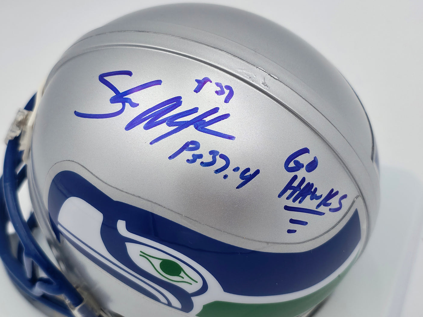 Shaun Alexander Autographed Seattle Seahawks Throwback Silver Mini Helmet "Go Hawks" Beckett BAS QR #BS30445