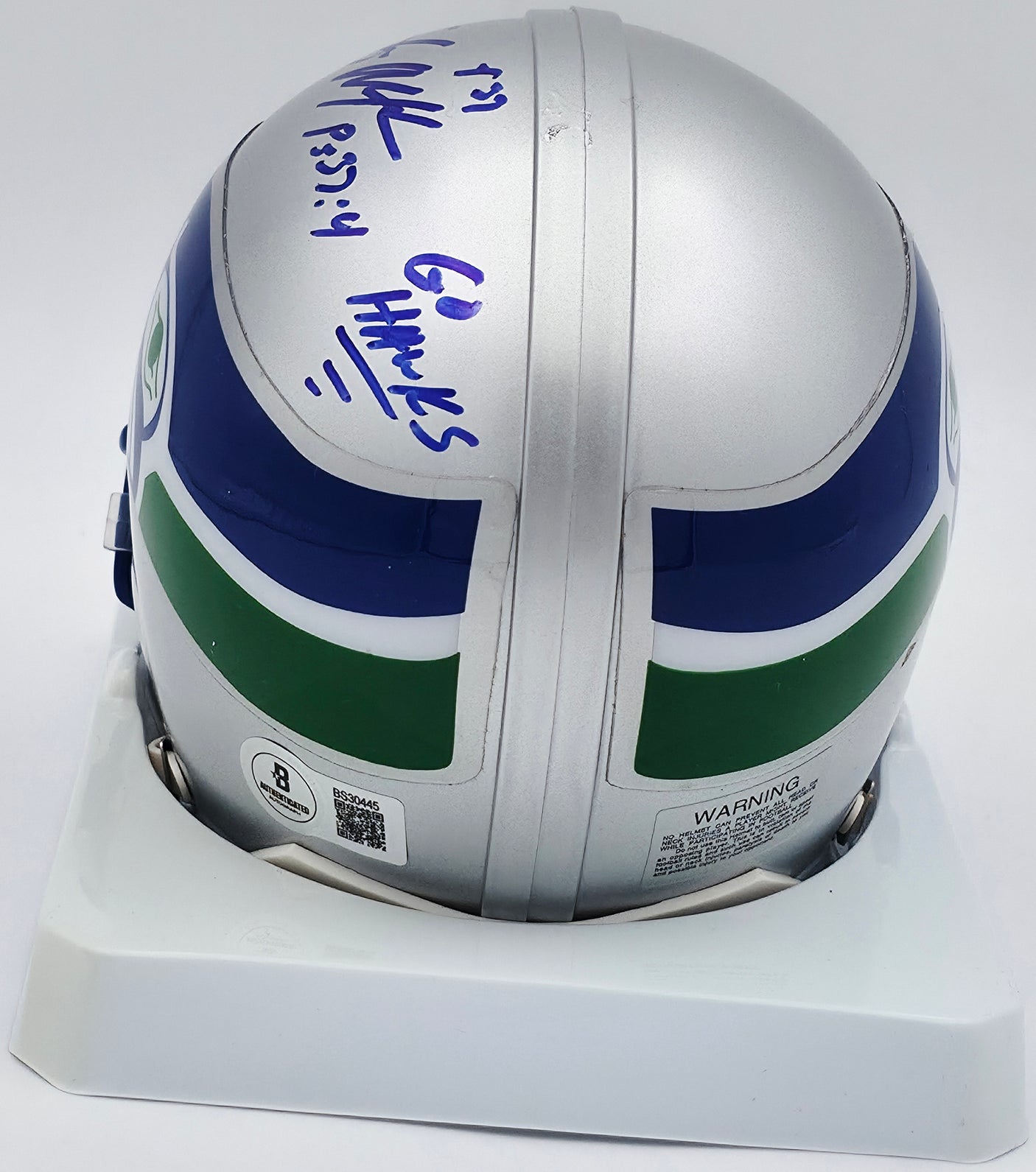 Shaun Alexander Autographed Seattle Seahawks Throwback Silver Mini Helmet "Go Hawks" Beckett BAS QR #BS30445