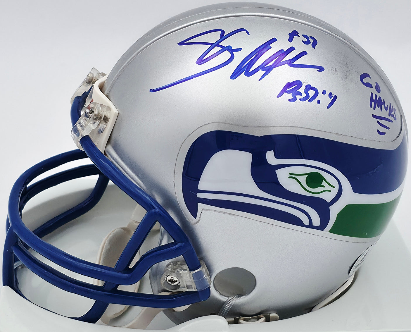 Shaun Alexander Autographed Seattle Seahawks Throwback Silver Mini Helmet "Go Hawks" Beckett BAS QR #BS30444