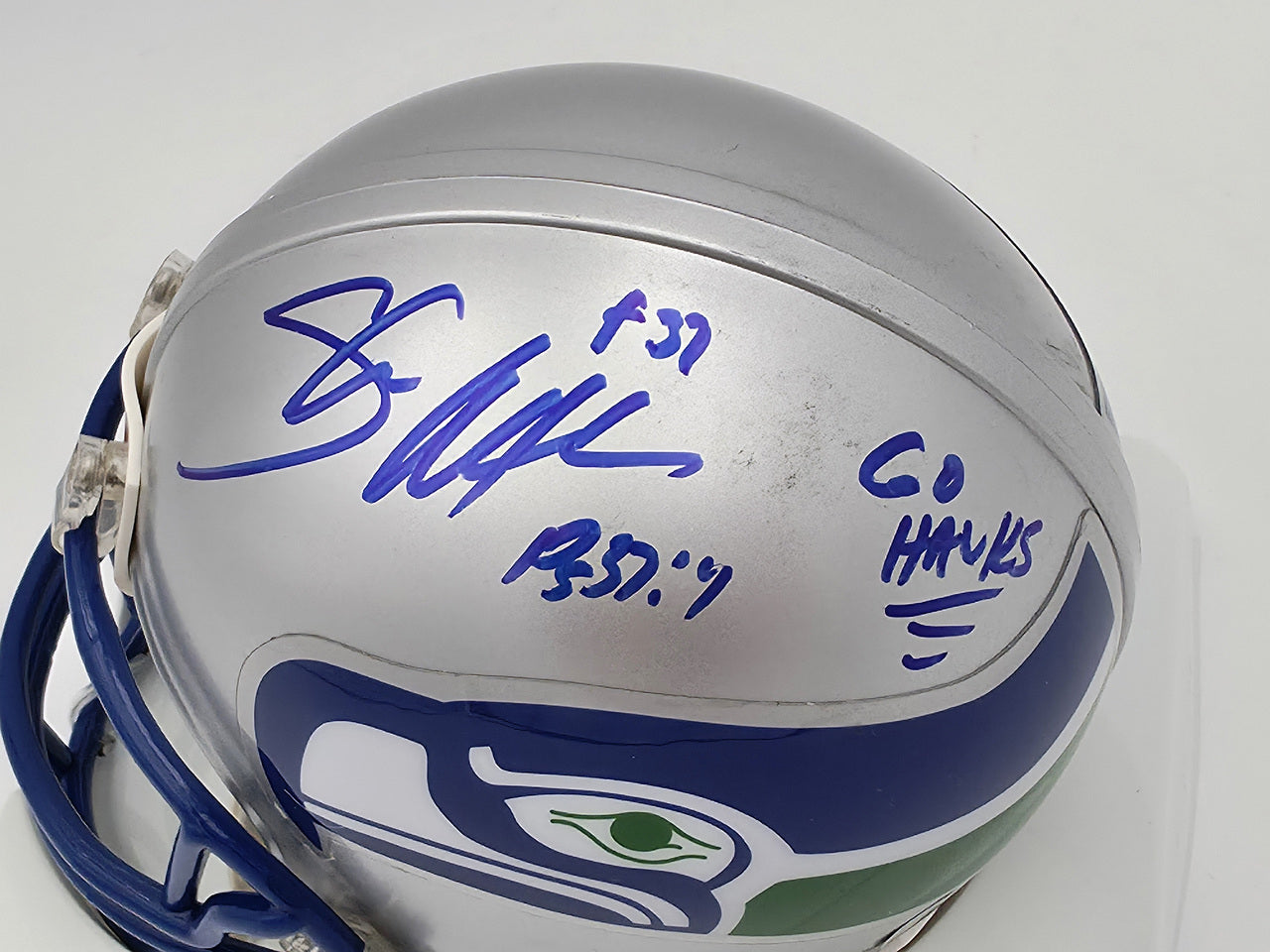 Shaun Alexander Autographed Seattle Seahawks Throwback Silver Mini Helmet "Go Hawks" Beckett BAS QR #BS30444