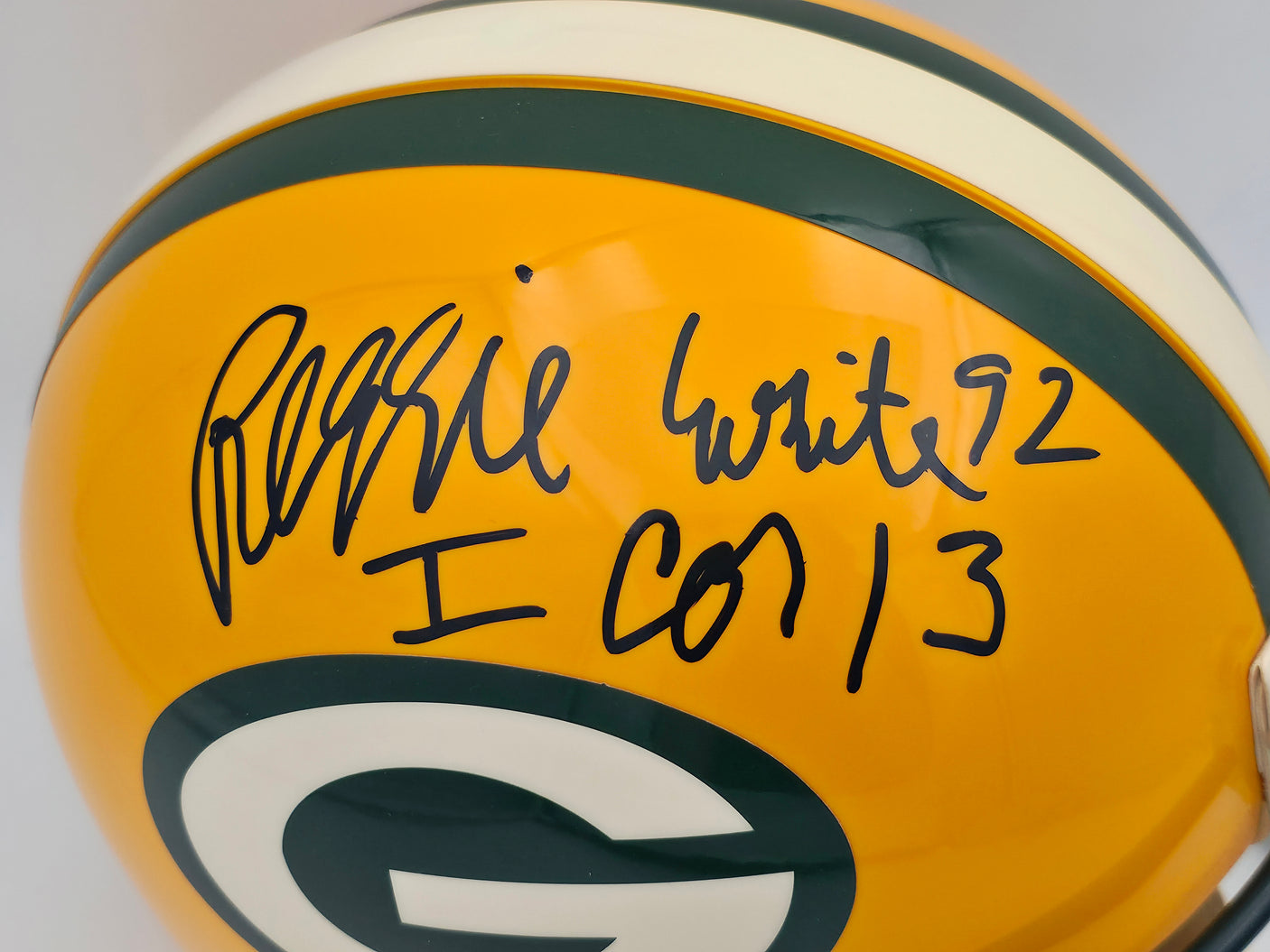 Reggie White Autographed Green Bay Packers Yellow Full Size Authentic Helmet Beckett BAS #AE16696