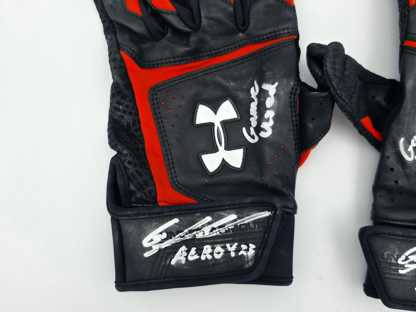 Gunnar Henderson Autographed Game Used Rookie Black & Orange Under Armour Batting Gloves Baltimore Orioles "AL ROY 23 Game Used" Beckett BAS Witness #1W492697 & 1W492698