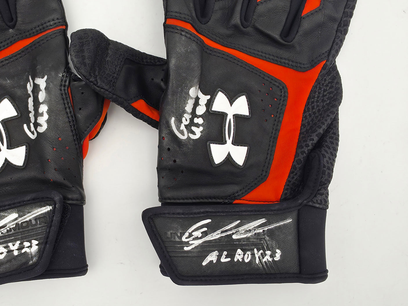 Gunnar Henderson Autographed Game Used Rookie Black & Orange Under Armour Batting Gloves Baltimore Orioles "AL ROY 23 Game Used" Beckett BAS Witness #1W492697 & 1W492698