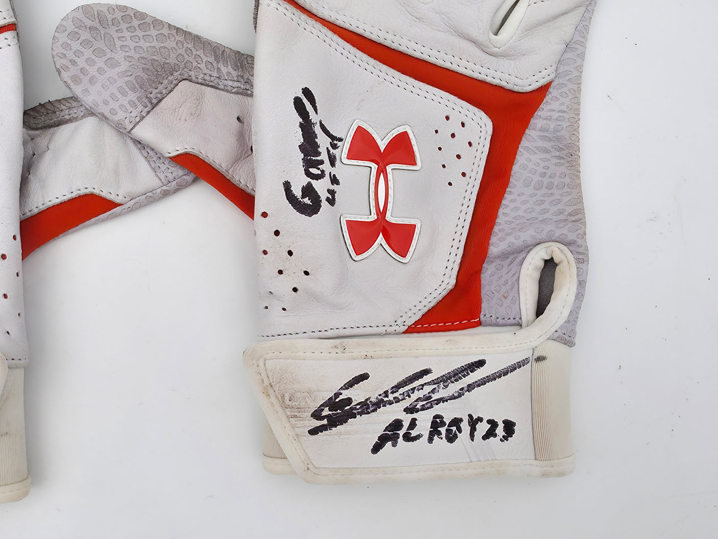 Gunnar Henderson Autographed Game Used Rookie White & Orange Under Armour Batting Gloves Baltimore Orioles "AL ROY 23 Game Used" Beckett BAS Witness #1W492701 & 1W492702